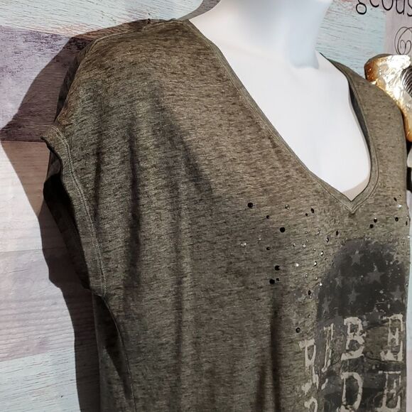Rock Republic Olive Gray Buronout Rebel Rider Skull Studded Tee Shirt Sz L 923 - Picture 4 of 9